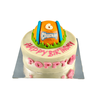 Personalized Chuck-it Ball Dog Birthday Cake featuring a Chuck-it ball design for Poppy's 6th birthday celebration.
