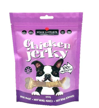 Dehydrated dog treats in a purple bag labeled Chicken Jerky, perfect for keeping pets satisfied and happy!