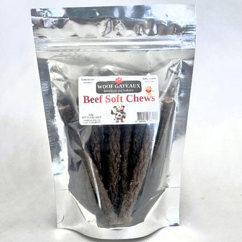 Dehydrated dog treats in a bag, featuring beef soft chews for pet indulgence.