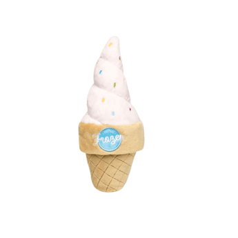 Cute squeaky plush dog toy in the shape of an ice cream cone, perfect for playful pups.