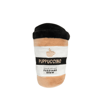 Squeaky plush dog toy shaped like a puppuccino for playful pups to enjoy.