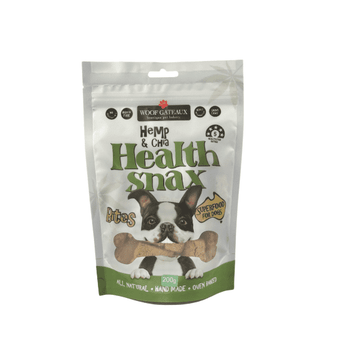 Health Snax superfood dog biscuits with hemp and chia in a 200g package for healthy dog treats.