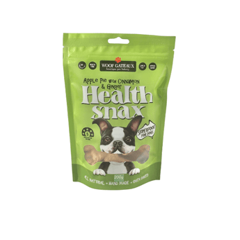 Health Snax superfood dog biscuits in Apple flavor with Cinnamon, packed in a green 200g pouch.