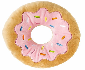 Squeaky plush dog toy in donut shape with pink icing and colorful sprinkles, perfect for playful pups.