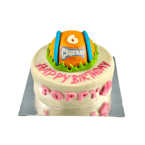 Personalized Chuck-it Ball Dog Birthday Cake featuring a Chuck-it ball design for Poppy's 6th birthday celebration.
